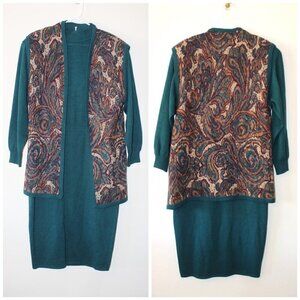 Vintage St John Marie Gray Knit Midi Dress Size 12 Two Pieces USA Teal Career